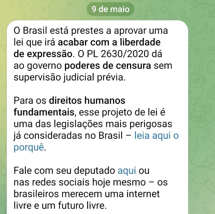 Telegram distorce PL das Fake News e fala em censura e fim da liberdade de expressão