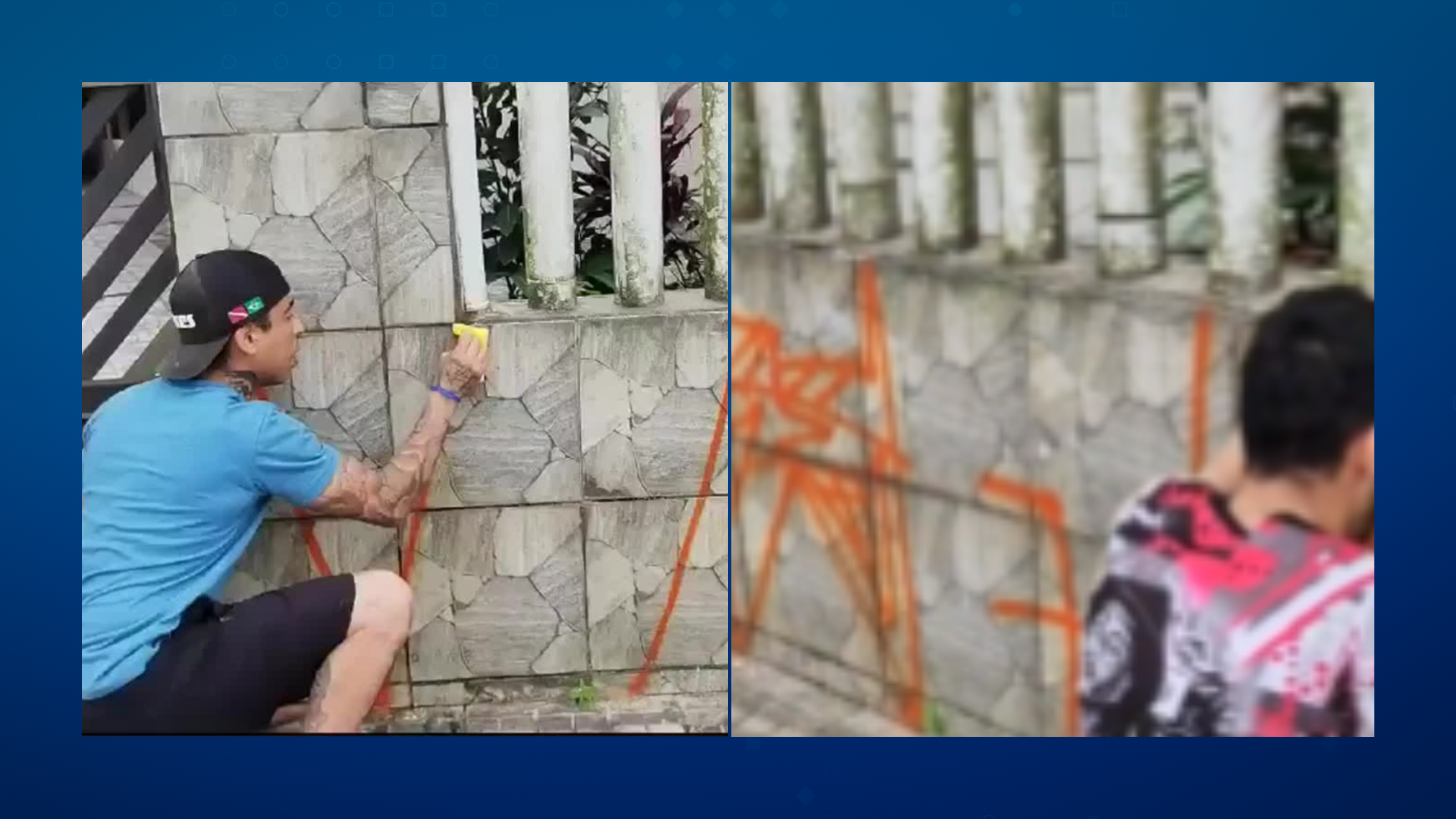 Bem feito! Homem pega no flagra dupla pichando casa e faz eles limparem tudo