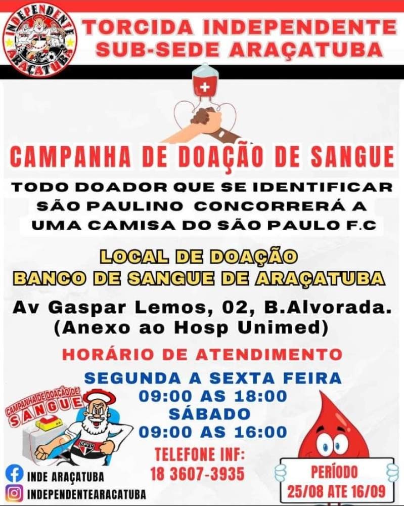 Torcida Independente de Araçatuba lança campanha de doação de sangue com incentivo especial para torcedores do São Paulo FC